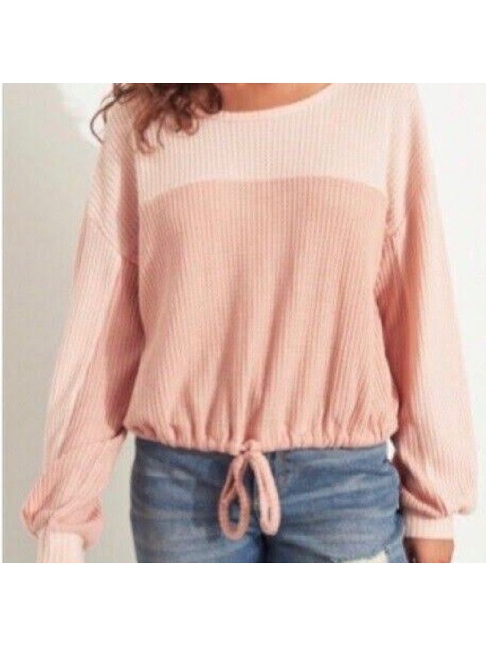 Hollister Long Sleeve Waffle Knit Tie-Hem Open Back Top Large Pink Peach Fall